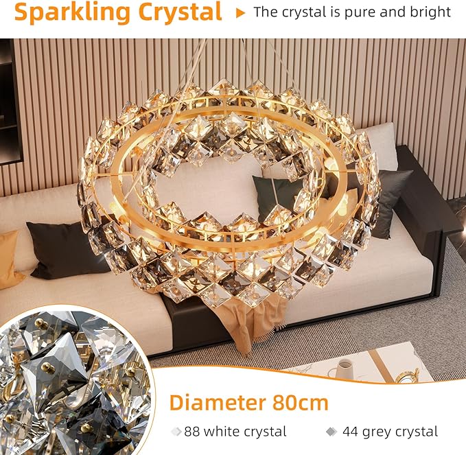 Round Crystal Chandelier: 80cm LED Pendant Light with 3 Color Settings for Décor - COOLBABY