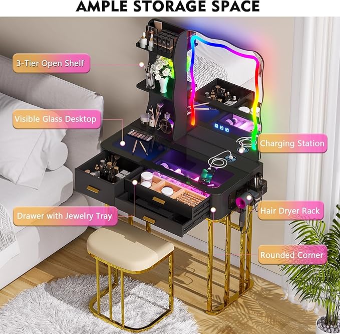 Makeup Vanity Table with Mirror and Lights- Vanity Desk with Glass Top Design & Charging Station - COOLBABY