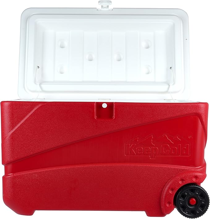 84L Deluxe Plastic Cooler Icebox with Wheels Red – Heavy Duty Insulated Cooler with 6-Day Ice Retention