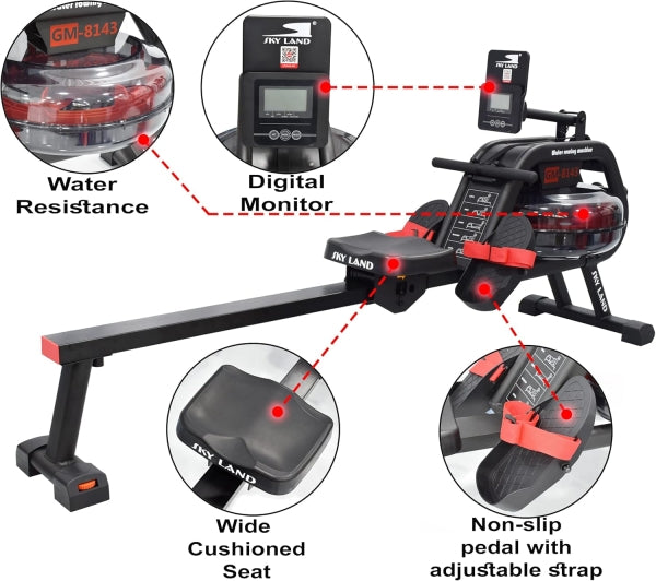 Water Rowing Machine for Home Use GM-8143 | 6-Level Water Resistance Rower with Bluetooth & LCD Monitor