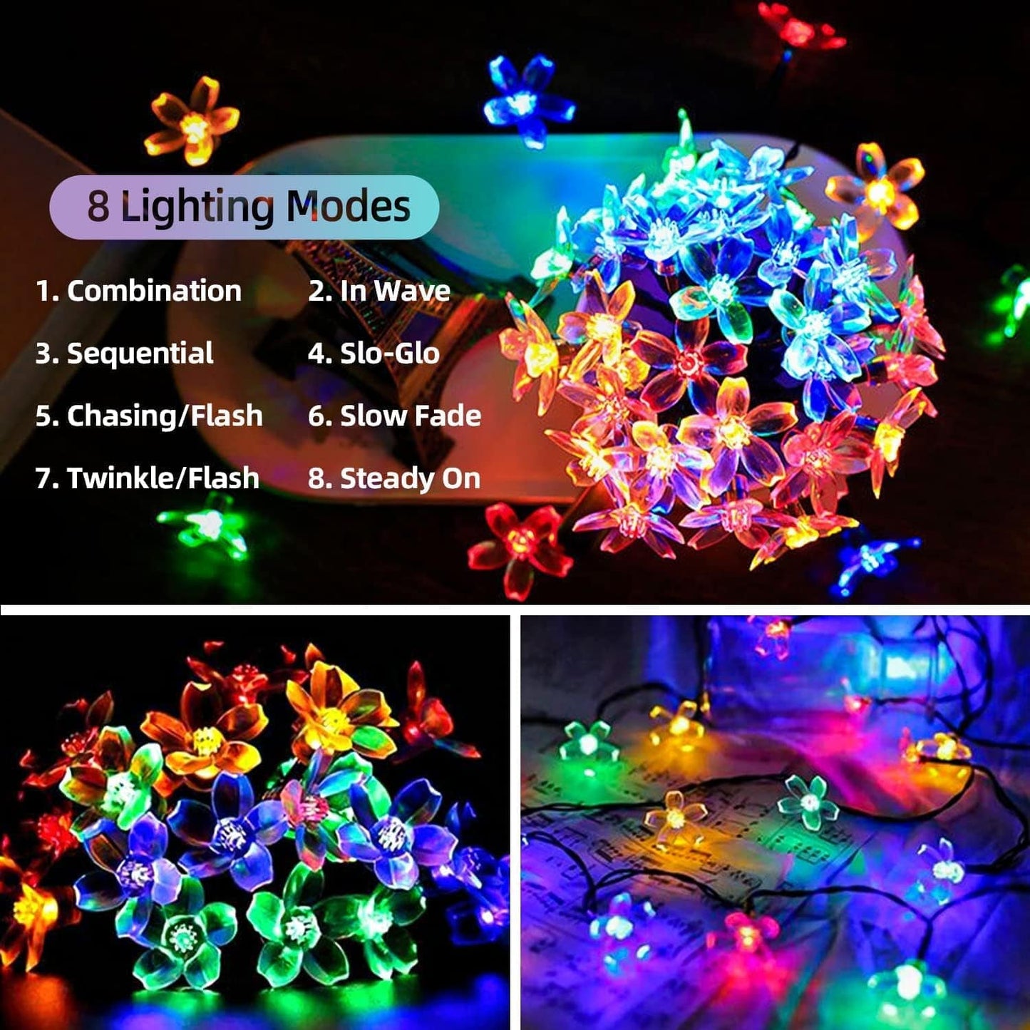 COOLBABY WSTT58 Outdoor Solar String Lights Garden, 7M50LED 8 Flash Modes, Waterproof Solar Led String Lights, Colourful Light for Party, Festival - COOL BABY