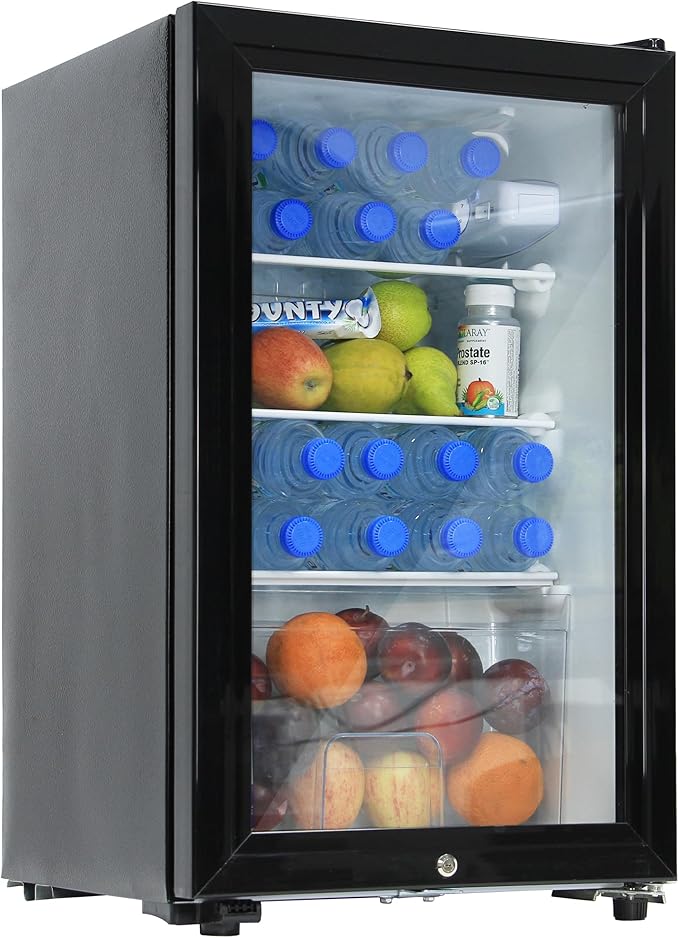 62L Refrigerator with Key Lock Glass Door, AC 220V Beverage Fridge Cooler for Food, Drinks, Skincare, Great for Home, Office, Hotel