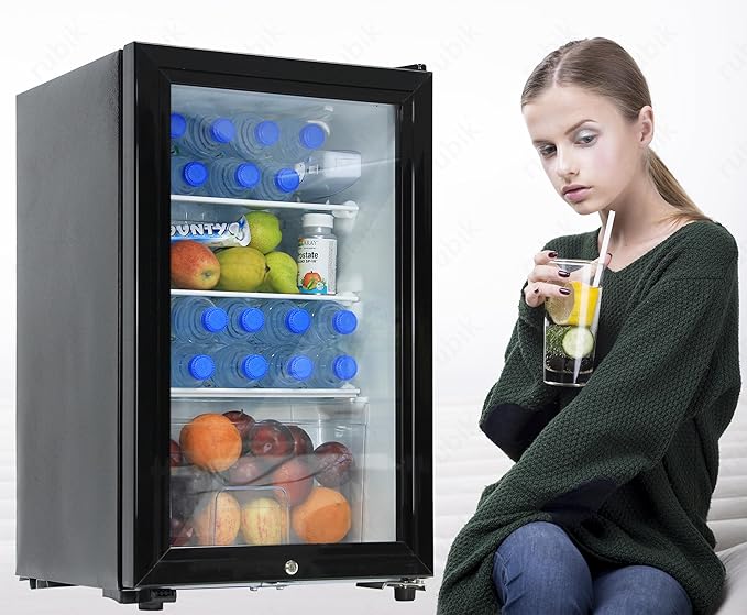 62L Refrigerator with Key Lock Glass Door, AC 220V Beverage Fridge Cooler for Food, Drinks, Skincare, Great for Home, Office, Hotel