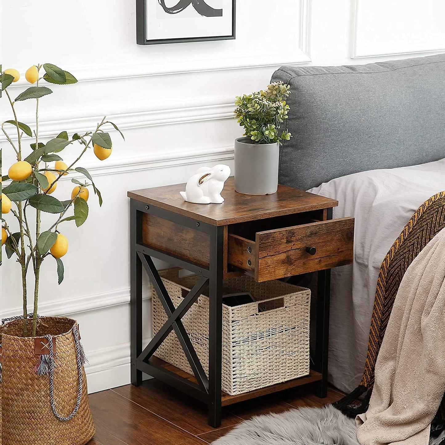 Ables Nightstand with Drawer and Storage Shelves – X-Design Bedside Table for Bedroom, Living Room, or Lounge - COOLBABY
