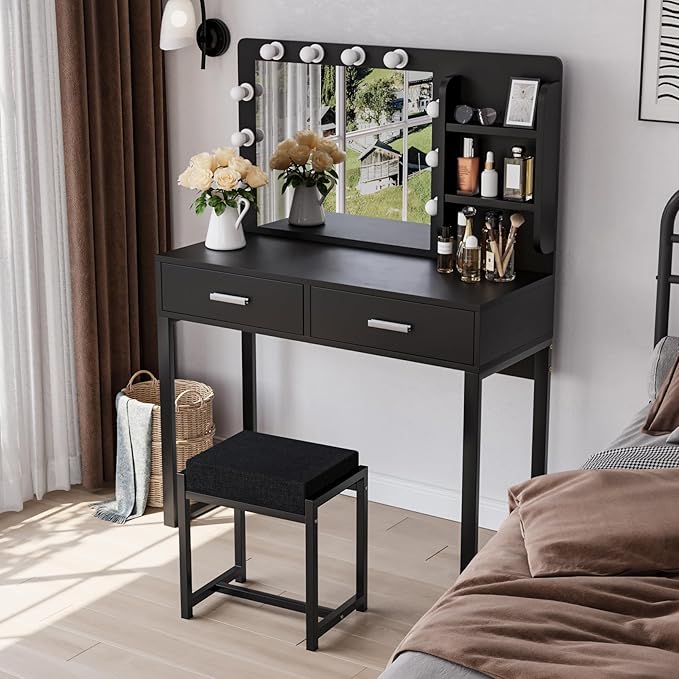 Vanity Desk with Mirror, With Chair and 10 LED Lights, with 2 Big Drawers and Side Shelves for Storage - COOLBABY