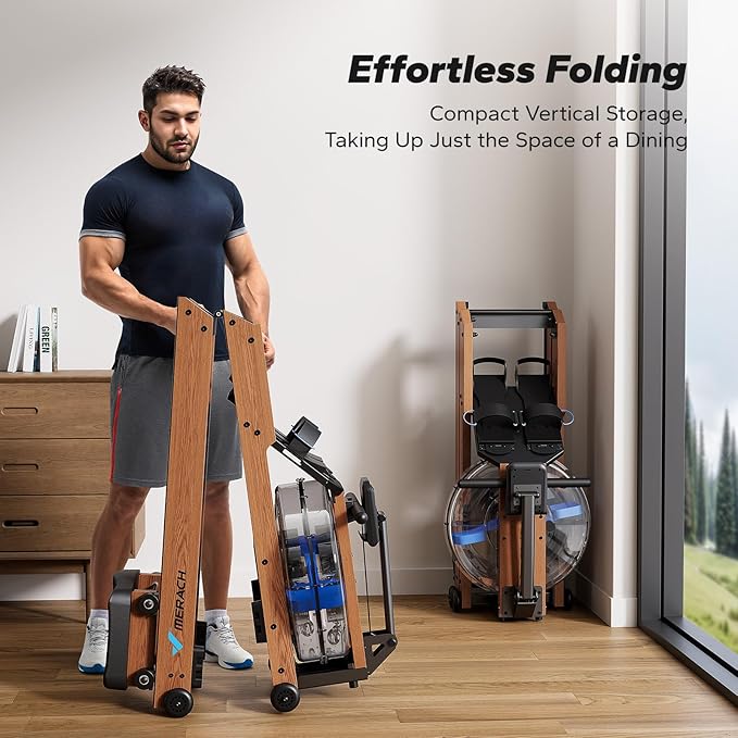 Foldable Water Rowing Machine | Wooden Home Gym Rower with App & LCD Monitor
