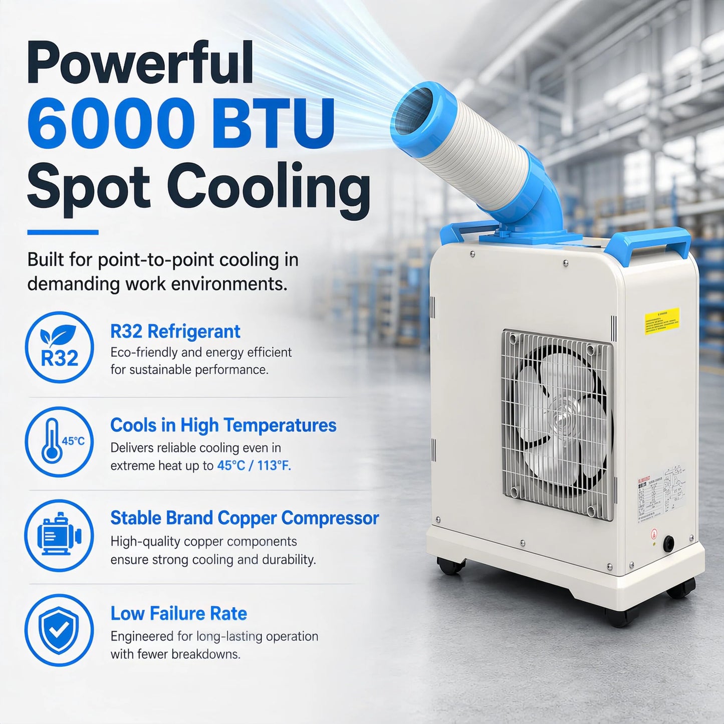 Industrial Spot Air Conditioner 6000 BTU Portable Air Cooler | R32 Refrigerant, Mobile Spot Cooler, Indoor/Outdoor Use