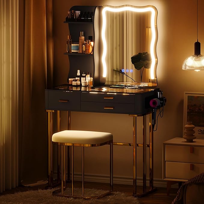 Makeup Vanity Table with Mirror and Lights- Vanity Desk with Glass Top Design & Charging Station - COOLBABY