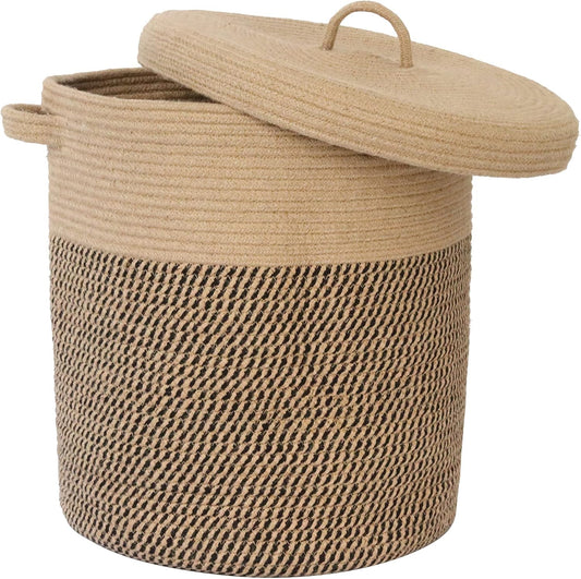 Extra-Large 60L Storage Basket with Lid – 16" W x 18" H Woven Laundry Hamper with Handles | Jute Rope & Black Wicker Basket for Blankets, Pillows, Toys & Home Organization | Perfect for Living Rooms, Bedrooms & Baby Nurseries