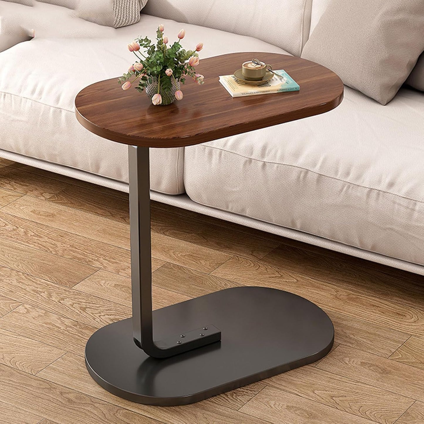 Small C Shaped End Table for Living Room and Small Spaces，C Shaped Round End Table for Sofa,Coffee Tables and Bed, Night Stand for Livingroom,Bedroom,Walnut (Wood) (Halzenut + Black Leg) - COOLBABY