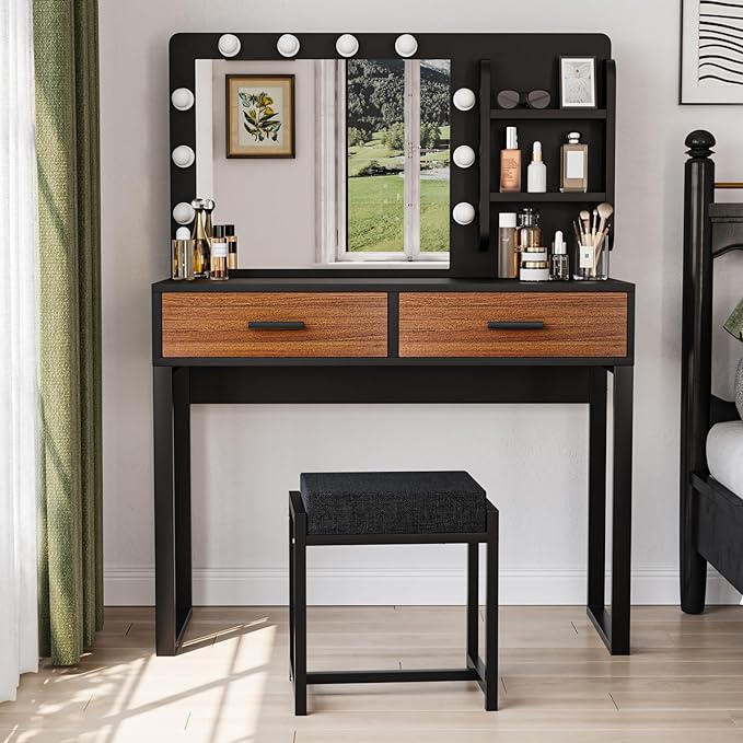 Vanity Desk with Mirror, With Chair and 10 LED Lights, with 2 Big Drawers and Side Shelves for Storage - COOLBABY