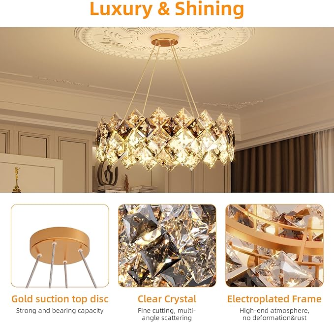 Round Crystal Chandelier: 80cm LED Pendant Light with 3 Color Settings for Décor - COOLBABY