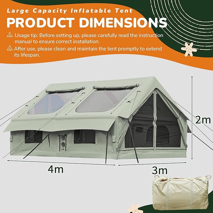 InflatableTents for Camping, 8/12 Person Blow Up Tent with TPU Skylight, Mesh Windows,Stove Jack & Pump, Easy Setup 4 Season Glamping Tent, Waterproof & Windproof - COOLBABY