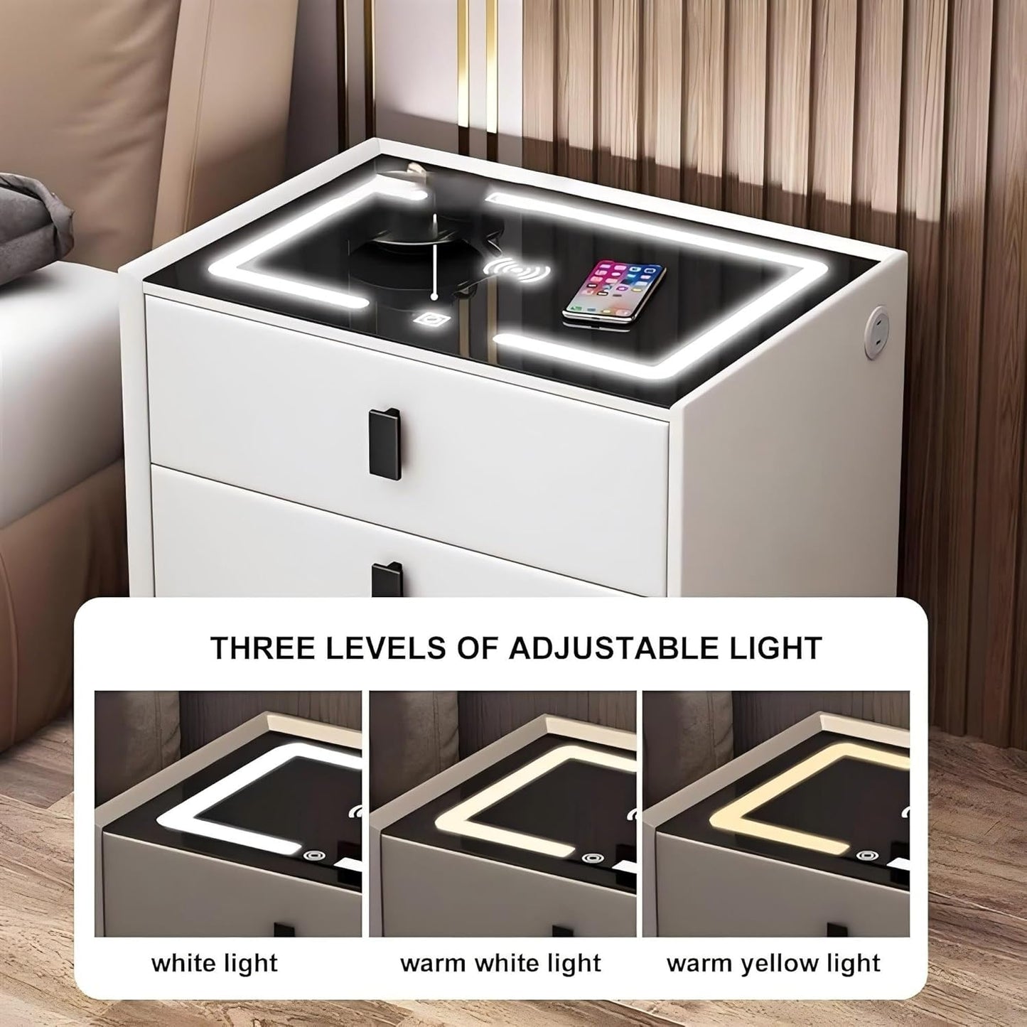 COOLBABY Smart Nightstand with Wireless Charging, USB and Type-C Ports, Adjustable LED Lights, 2 Storage Drawers, Modern Bedside Table (White）