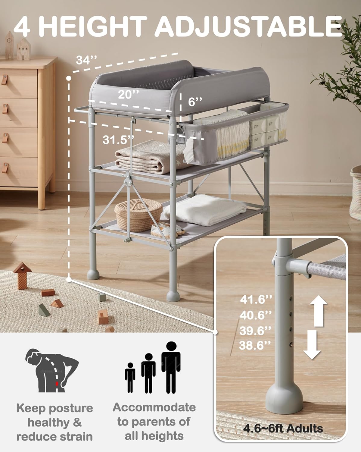 Portable Diaper Changing Station – Waterproof, Folding Baby Changing Table with Adjustable Height & Storage Organizer – Mobile Nursery Table for Newborns & Infants - COOLBABY