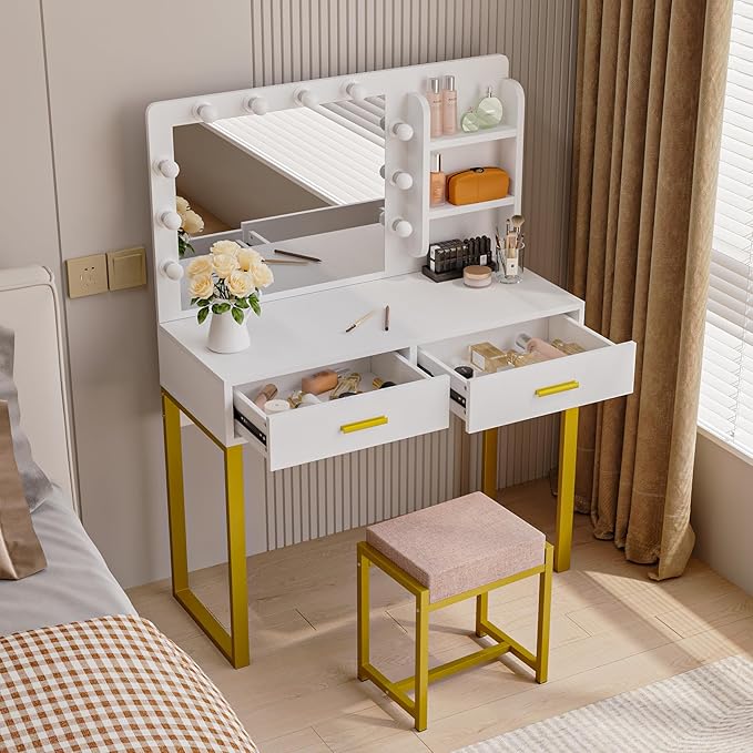 Vanity Desk with Mirror, With Chair and 10 LED Lights, with 2 Big Drawers and Side Shelves for Storage - COOLBABY