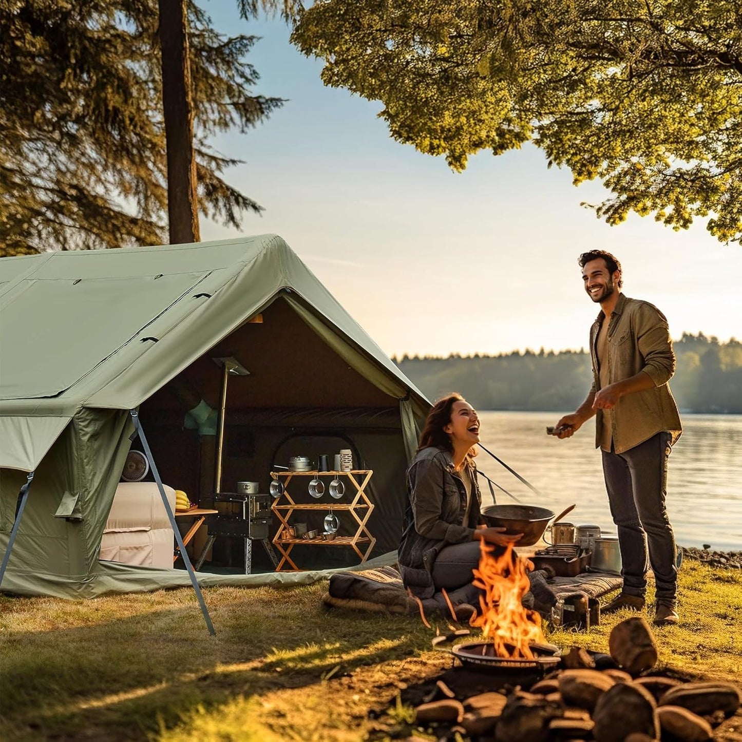 InflatableTents for Camping, 8/12 Person Blow Up Tent with TPU Skylight, Mesh Windows,Stove Jack & Pump, Easy Setup 4 Season Glamping Tent, Waterproof & Windproof - COOLBABY