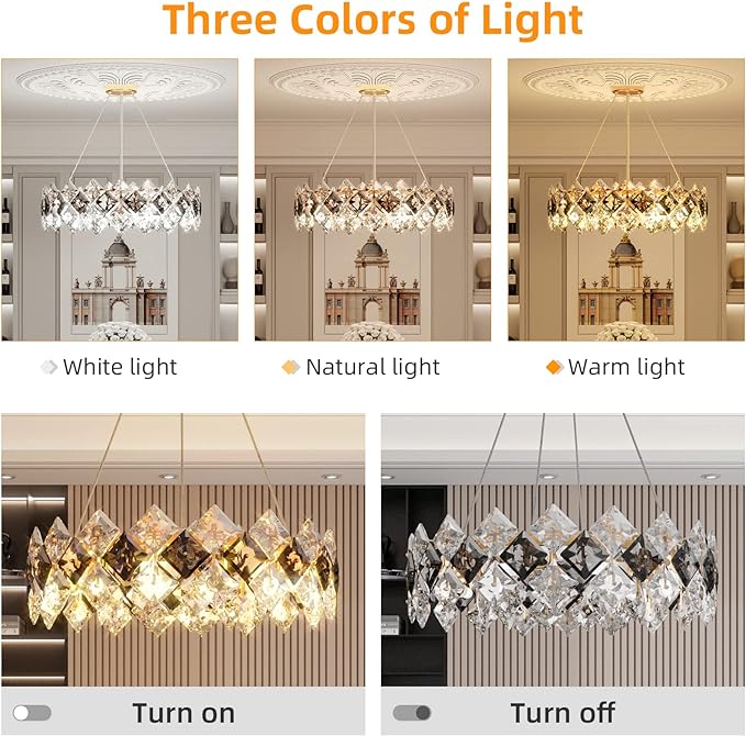 Round Crystal Chandelier: 80cm LED Pendant Light with 3 Color Settings for Décor - COOLBABY