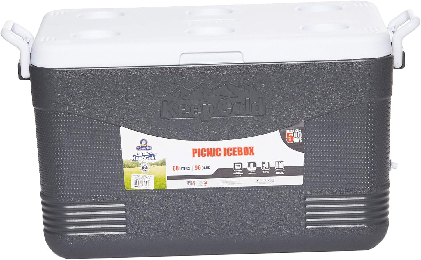 60L Plastic Picnic Cooler Icebox – Heavy Duty Insulated Cooler with 6-Day Ice Retention & Drain Tap