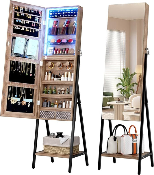 3 LEDs Free standing Jewelry Cabinet with Full- Length Mirror, Lockable Jewelry Armoire Organizer - COOLBABY