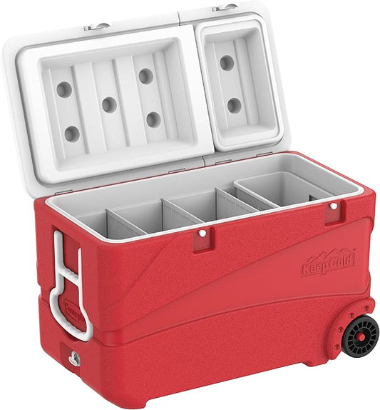 102L Plastic Cooler Icebox Deluxe with Wheels Red – Heavy Duty Insulated Cooler with 6-Day Ice Retention