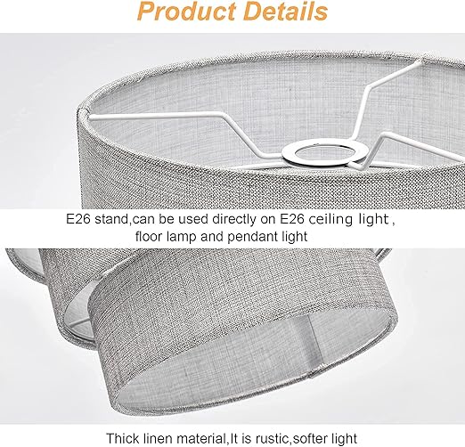 3-Tier Drum Fabric Lamp Shade: Grey Natural Linen Clip-On Replacement for Floor, Pendant, Chandelier - GREY - COOLBABY