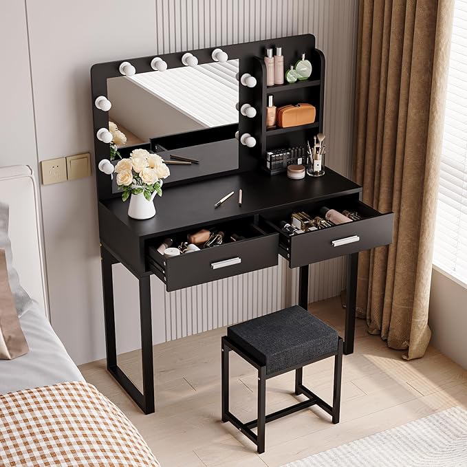 Vanity Desk with Mirror, With Chair and 10 LED Lights, with 2 Big Drawers and Side Shelves for Storage - COOLBABY