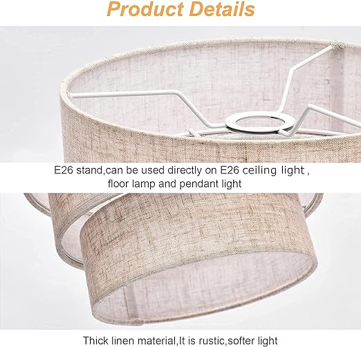 Lamp Shades for Floor Lamps,Pendant Lighting and Chandelier Replacement,3-Tier Drum Fabric Lampshade with Natural Linen Handcrafted - COOLBABY