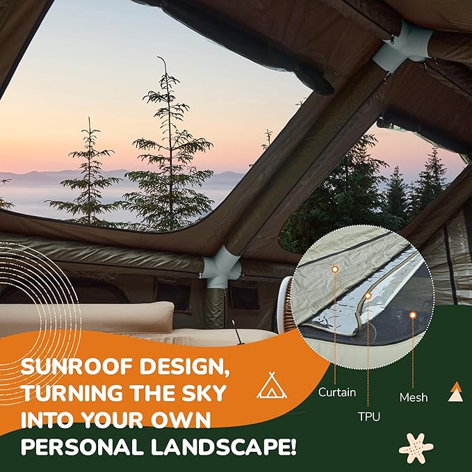InflatableTents for Camping, 8/12 Person Blow Up Tent with TPU Skylight, Mesh Windows,Stove Jack & Pump, Easy Setup 4 Season Glamping Tent, Waterproof & Windproof - COOLBABY
