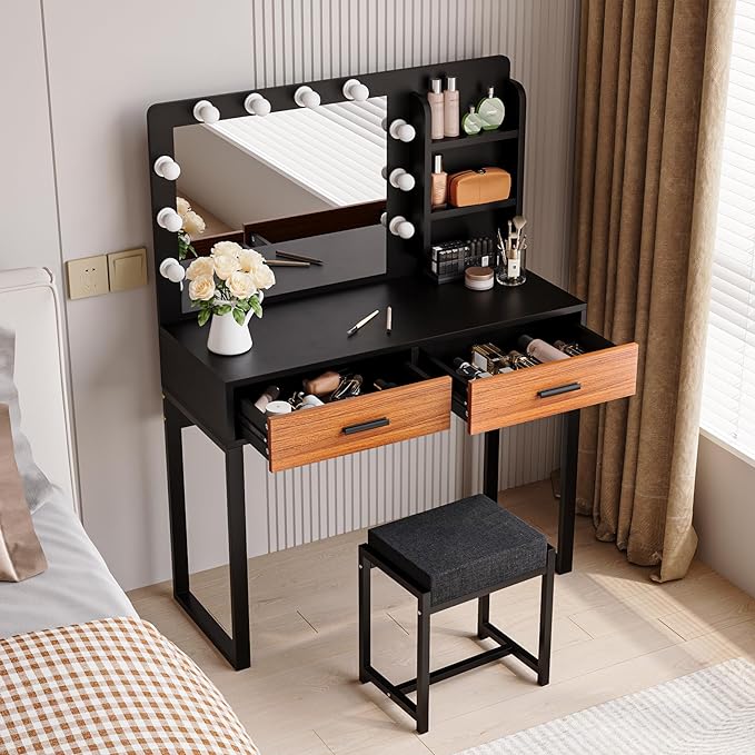 Vanity Desk with Mirror, With Chair and 10 LED Lights, with 2 Big Drawers and Side Shelves for Storage - COOLBABY