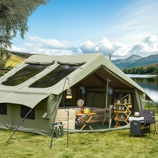 InflatableTents for Camping, 8/12 Person Blow Up Tent with TPU Skylight, Mesh Windows,Stove Jack & Pump, Easy Setup 4 Season Glamping Tent, Waterproof & Windproof - COOLBABY