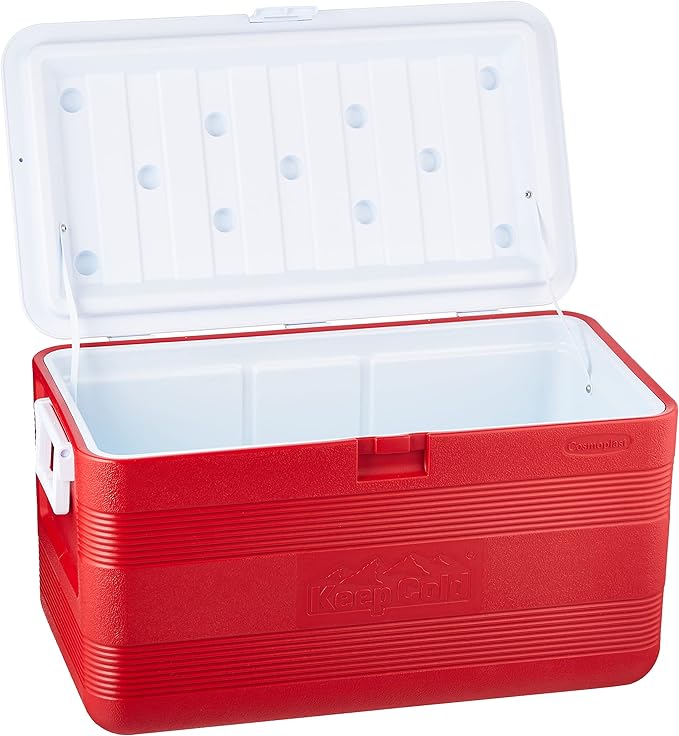 70L Plastic Cooler Icebox Deluxe with Wheels Red – Heavy Duty Insulated Cooler with 6-Day Ice Retention