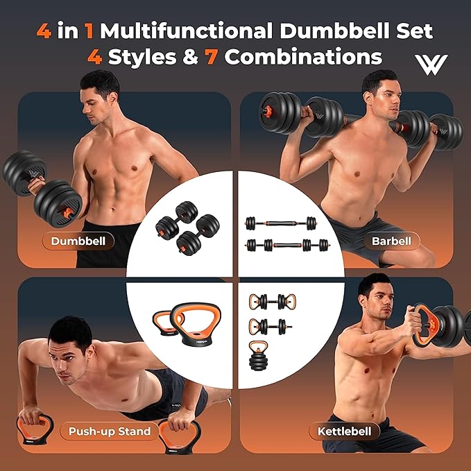 4 in 1 Adjustable Dumbbell Set - Dumbbell & Barbell Set & Kettlebell & Push-up Bracket, Multi-Mode Set, 25KG - COOLBABY