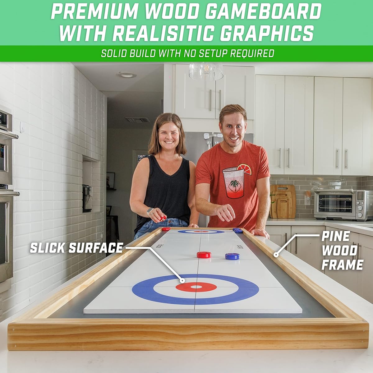 6ft Tabletop Shuffleboard & Curling 2-in-1 Game Set | Portable Wooden Board with 8 Pucks & Tote Bag