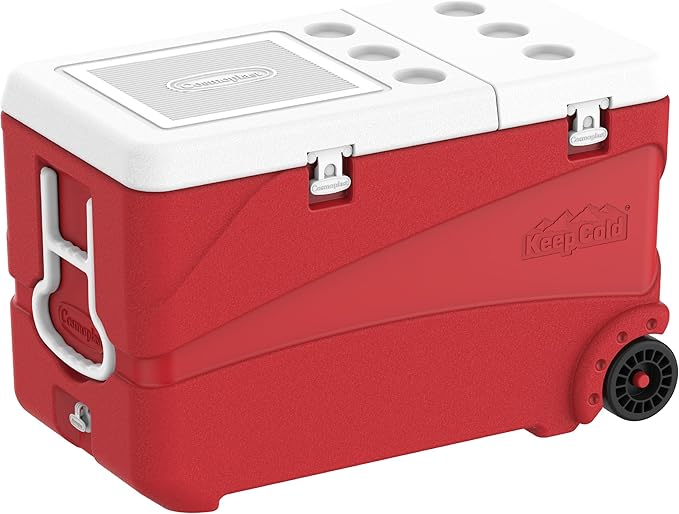102L Plastic Cooler Icebox Deluxe with Wheels Red – Heavy Duty Insulated Cooler with 6-Day Ice Retention