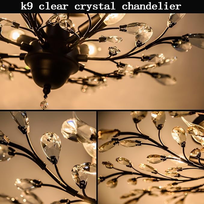 Vintage Crystal Chandelier: 4-Light LED Flush Mount Pendant for Living Room, Dining, Restaurant - COOLBABY