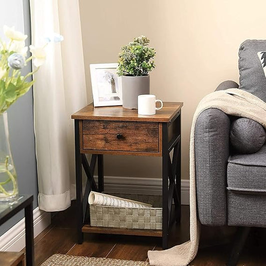 Ables Nightstand with Drawer and Storage Shelves – X-Design Bedside Table for Bedroom, Living Room, or Lounge - COOLBABY
