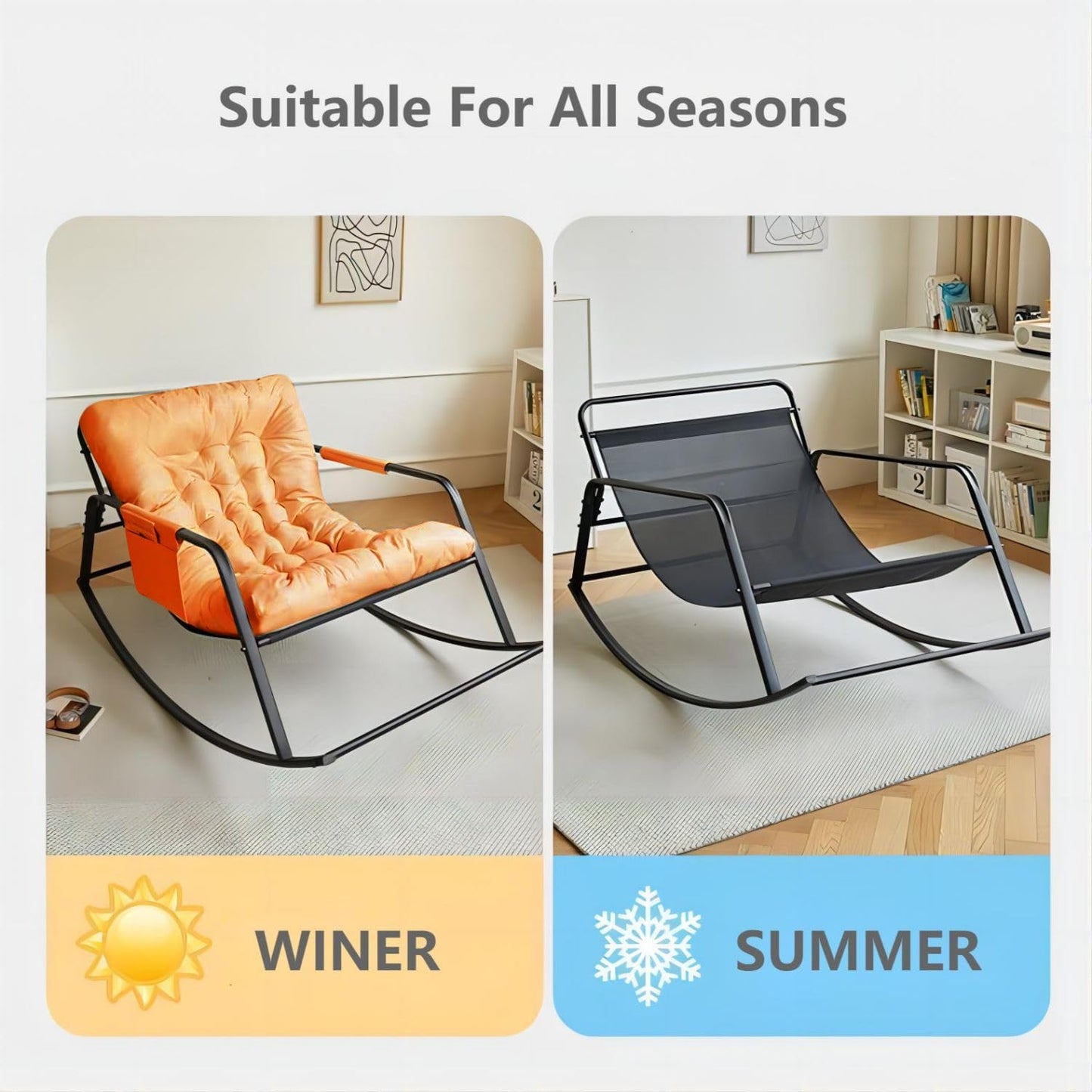 COOLBABY Upholstered High-Back Reclining Rocking Chair with Side Pockets – Modern Style Indoor/Outdoor Chair for Balcony, Living Room, Bedroom & Garden (Orange) - COOLBABY