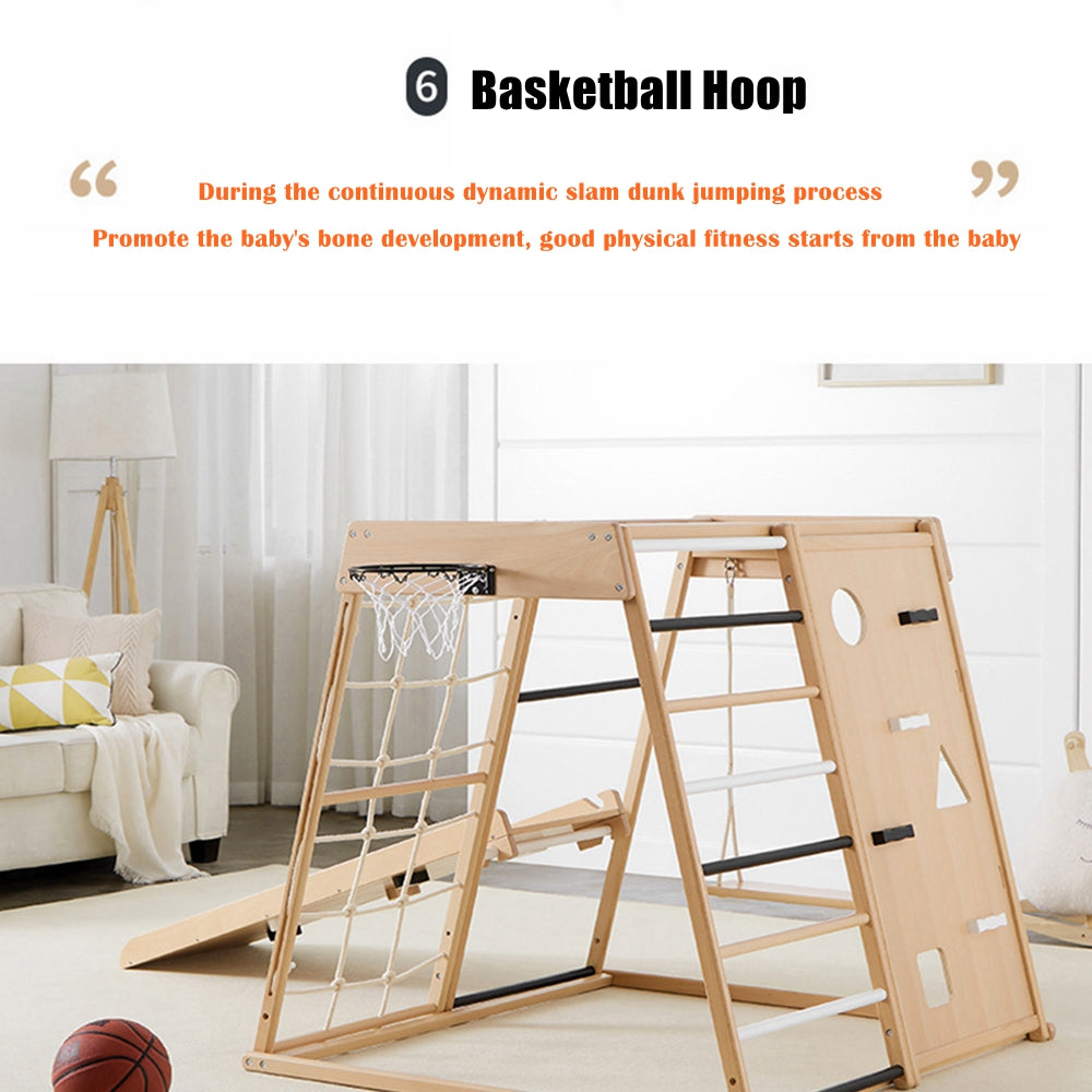 COOLBABY SSZ-PPJ07 Beech Indoor Playground 7-in-1 Solid Wood Children's Climbing Frame With Swing/Slide/Rock Climbing/Net/Ladder/Monkey Bar/Basketball Frame - COOLBABY