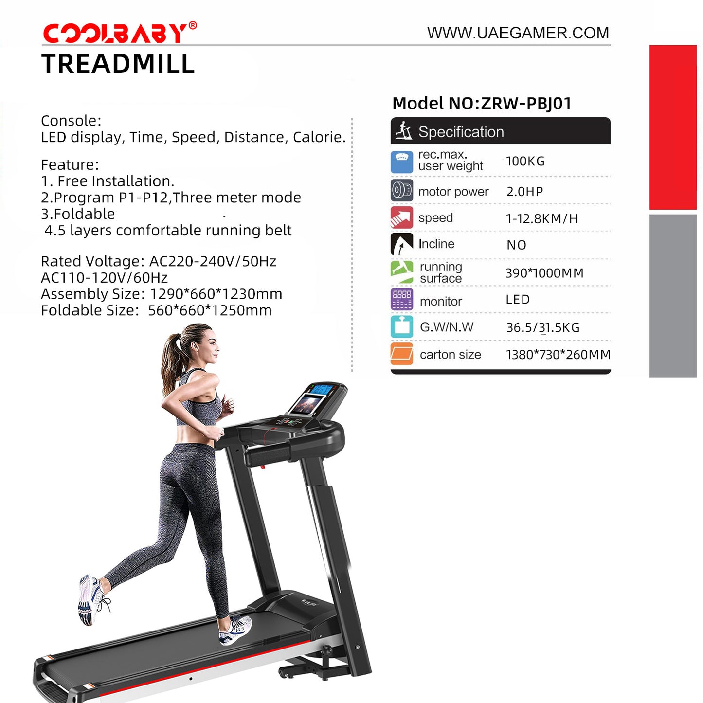 COOLBABY ZRW-PBJ01 Home Indoor Treadmill,Foldable Electric Walking Machine,2.0HP Treadmill with LCD Disply,Time,Speed,Distance,Calories