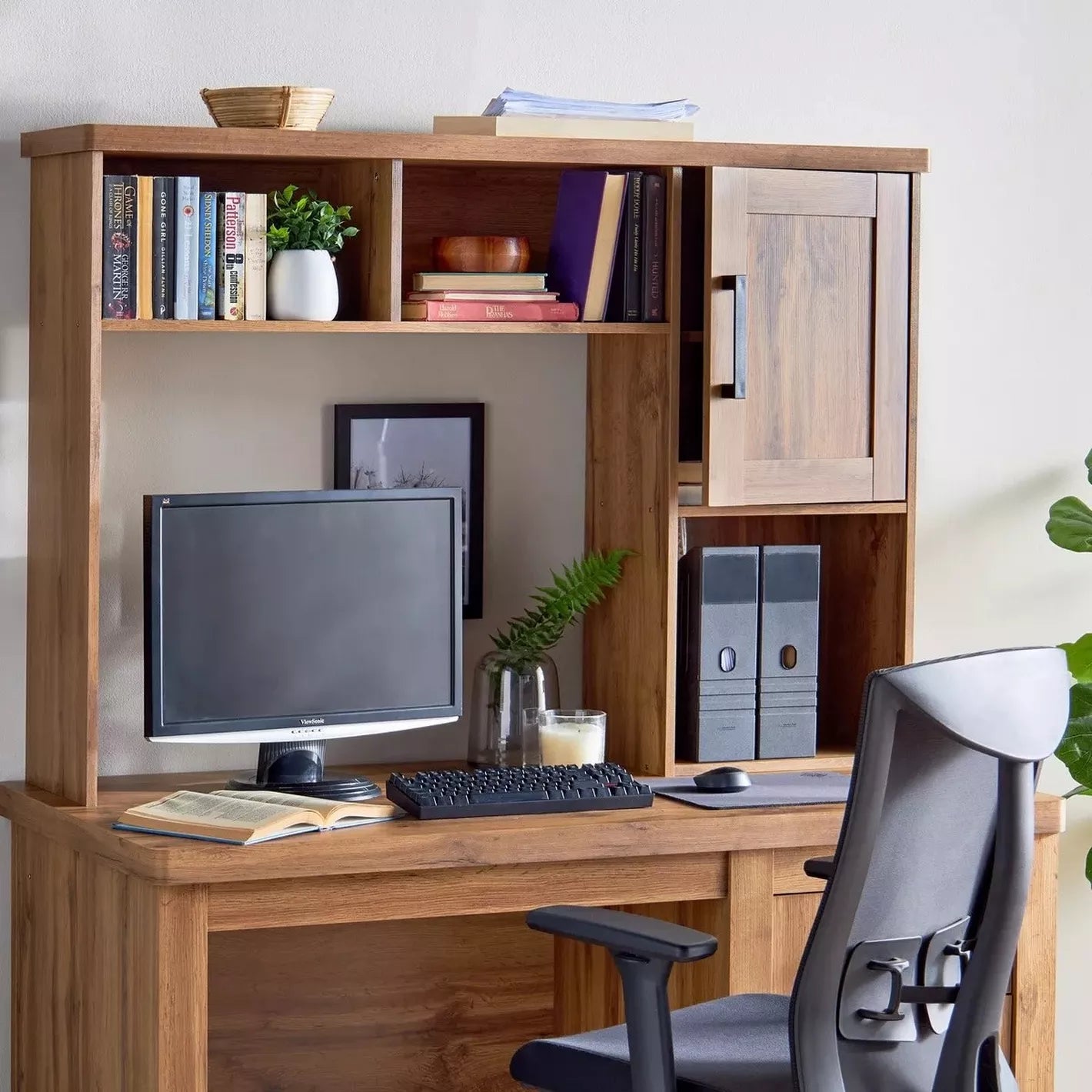 Home, Office Desk With 2 Pull-Out Drawers And A Storage Cabinet - Oak - COOLBABY