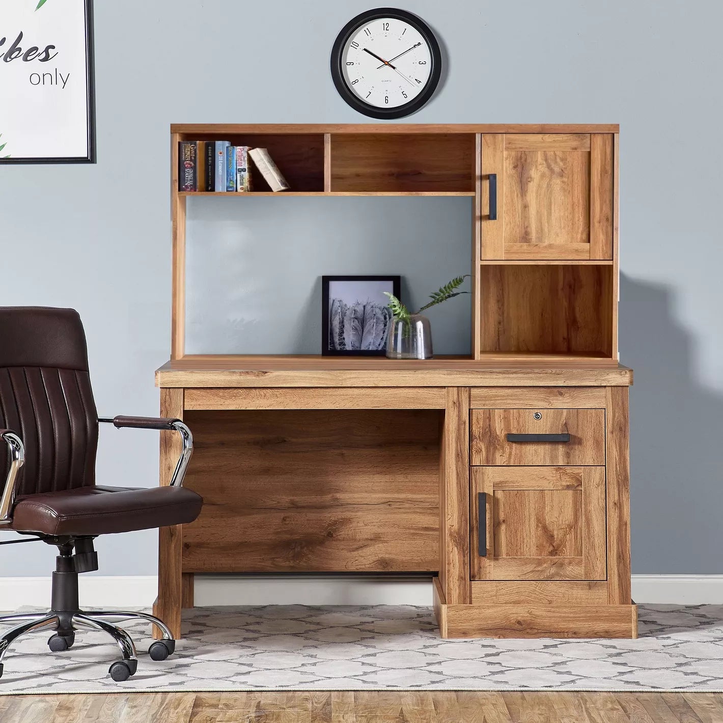 Home, Office Desk With 2 Pull-Out Drawers And A Storage Cabinet - Oak - COOLBABY