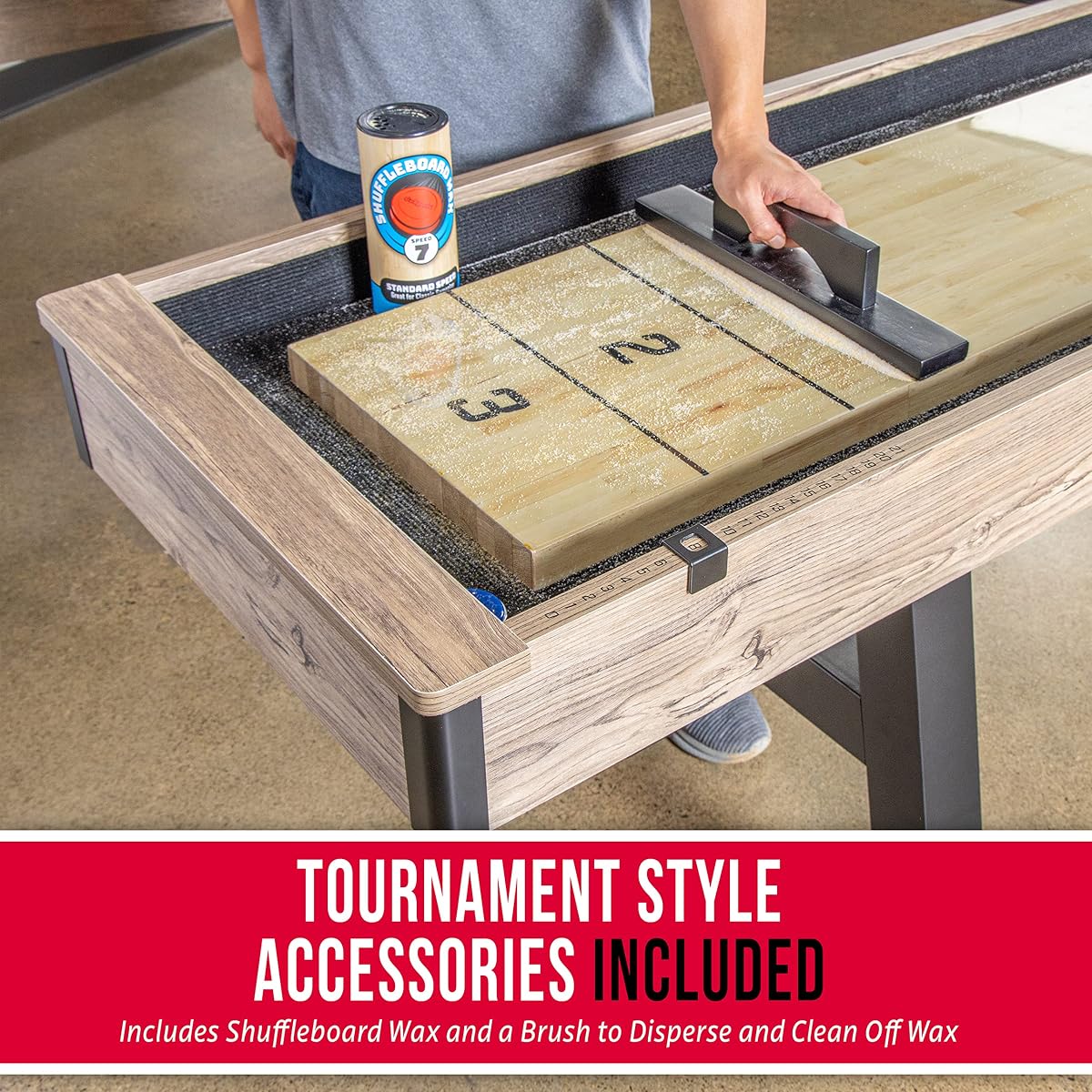 Premium 9 ft Shuffleboard Table with 8 Metal Pucks, Wax & Brush | Indoor Game Room Shuffleboard Table