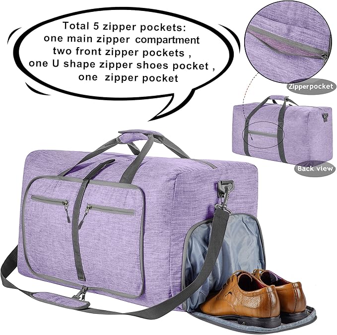 Vomgomfom Duffle Bag,65L/85L/115L Foldable Travel Duffel Bag-Weekender Bag with Shoes Compartment, Overnight Bag for Men Women Waterproof & Tear Resistant (Gray)