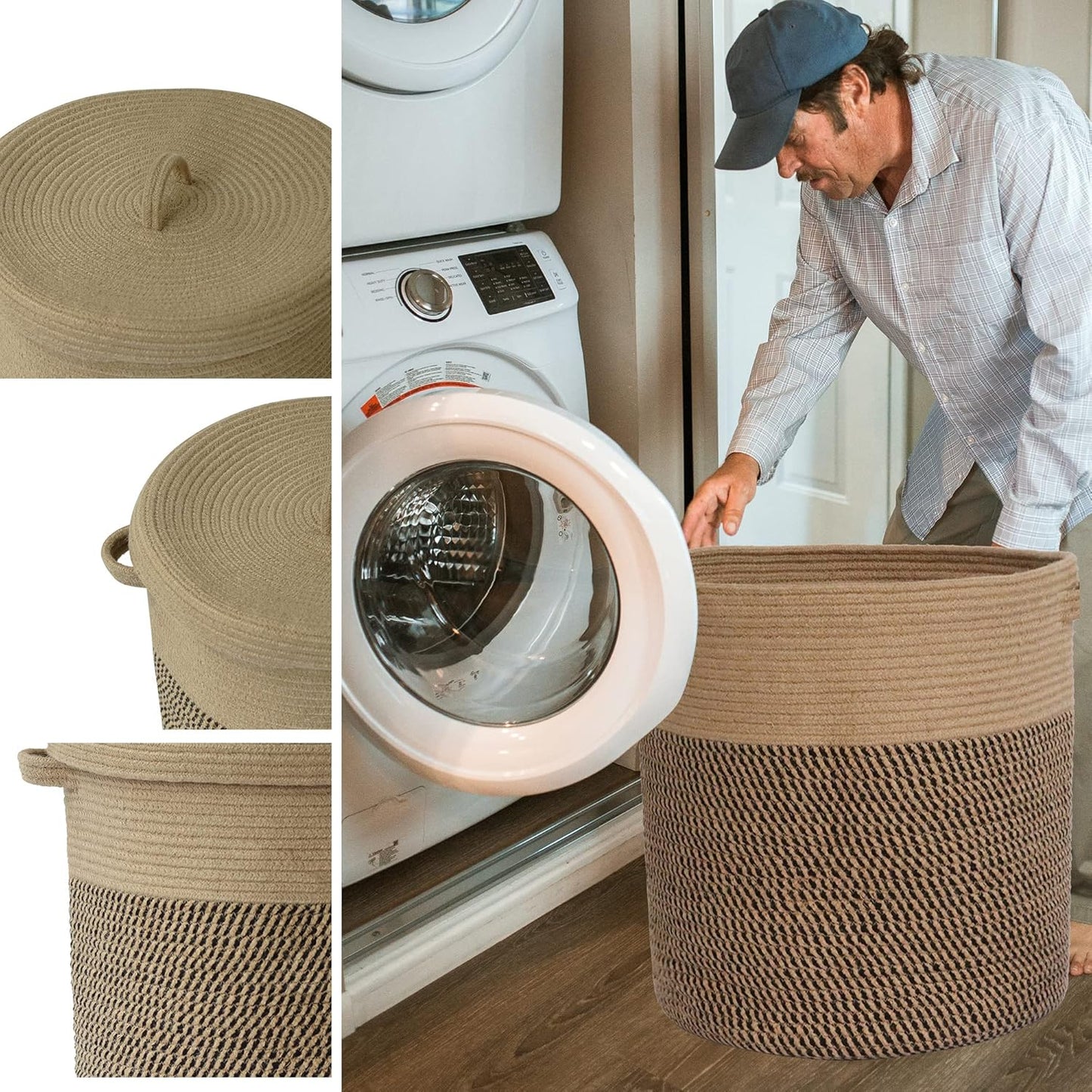 Extra-Large 60L Storage Basket with Lid – 16" W x 18" H Woven Laundry Hamper with Handles | Jute Rope & Black Wicker Basket for Blankets, Pillows, Toys & Home Organization | Perfect for Living Rooms, Bedrooms & Baby Nurseries