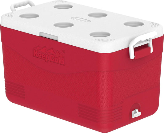 60L Plastic Picnic Cooler Icebox Red – Heavy Duty Insulated Cooler with 6-Day Ice Retention & Drain Tap