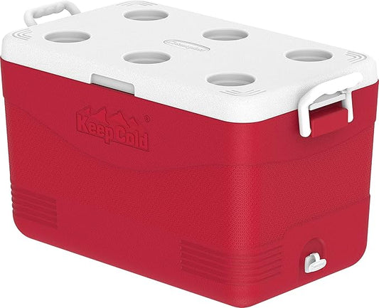 60L Plastic Picnic Cooler Icebox Red – Heavy Duty Insulated Cooler with 6-Day Ice Retention
