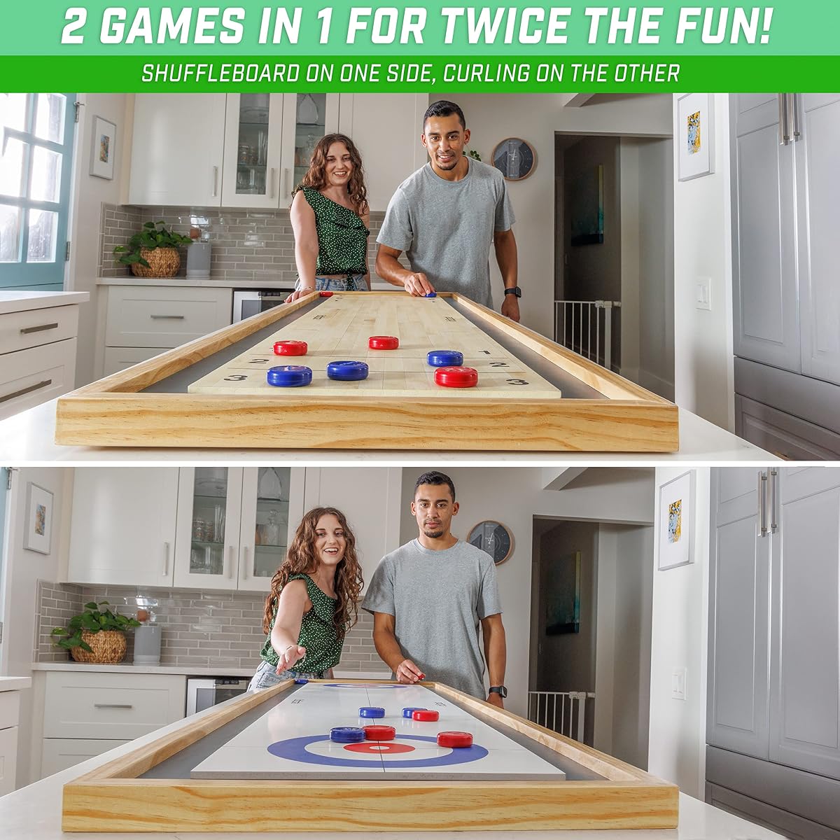 6ft Tabletop Shuffleboard & Curling 2-in-1 Game Set | Portable Wooden Board with 8 Pucks & Tote Bag