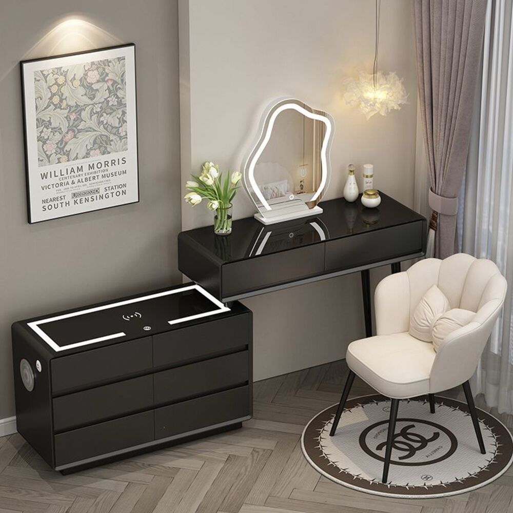 Smart Vanity Table with LED Mirror, Bluetooth Speaker, Wireless Charging - White, Solid Wood - COOLBABY
