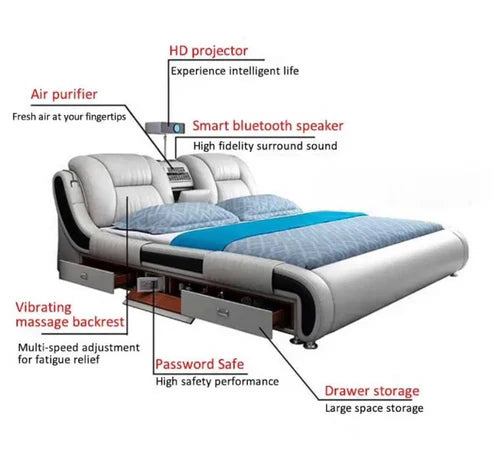 Smart King Size Bed with Projector, Vibration Massage, Bluetooth Speakers, and More - Pine Wood & Leather Upholstered - COOLBABY